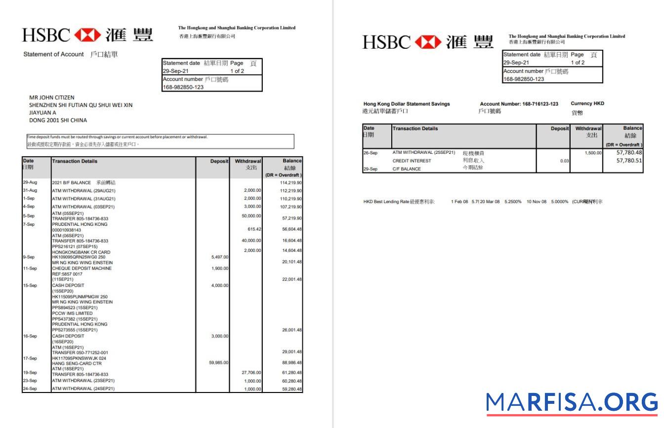 Blank Hong Kong HSBC The Hongkong and Shanghai Banking Corporation bank statement excel 2 pages download for verification
